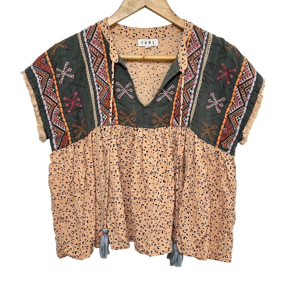 THML Embroidered Mixed Print Babydoll Boho Blouse Womens Small Cropped Festival
